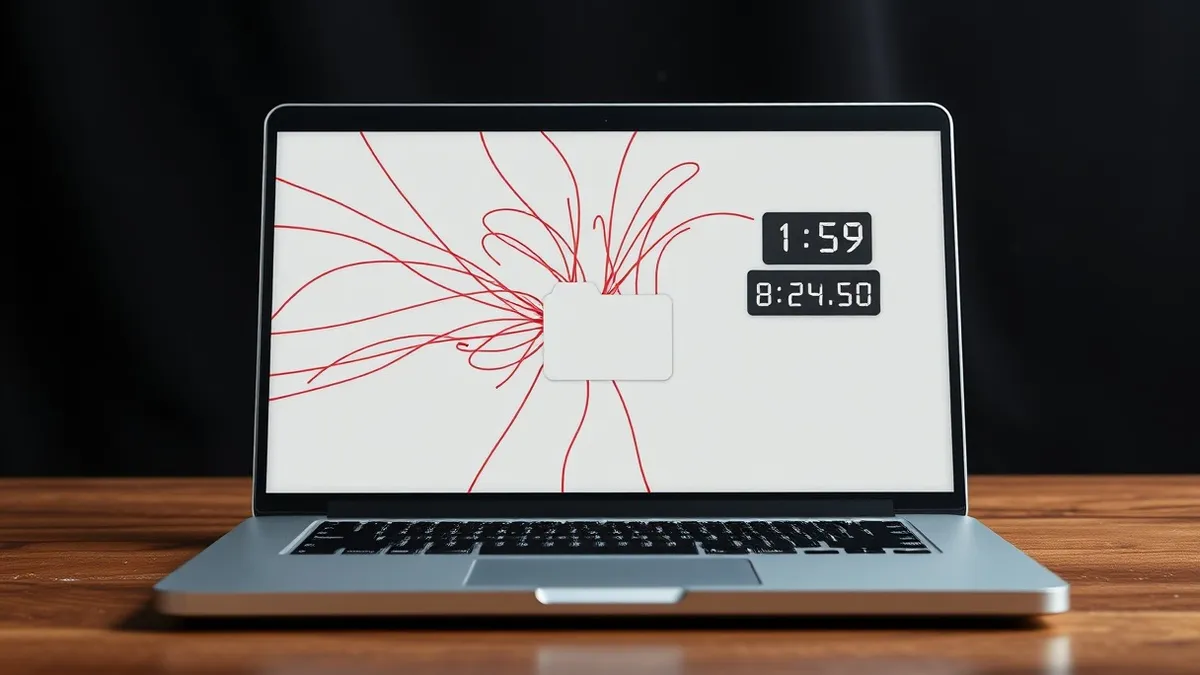 Illustration: A sleek silver laptop sits on a wooden desk, its screen displaying a tangled web of abstract red lines bursting from a central folder icon.