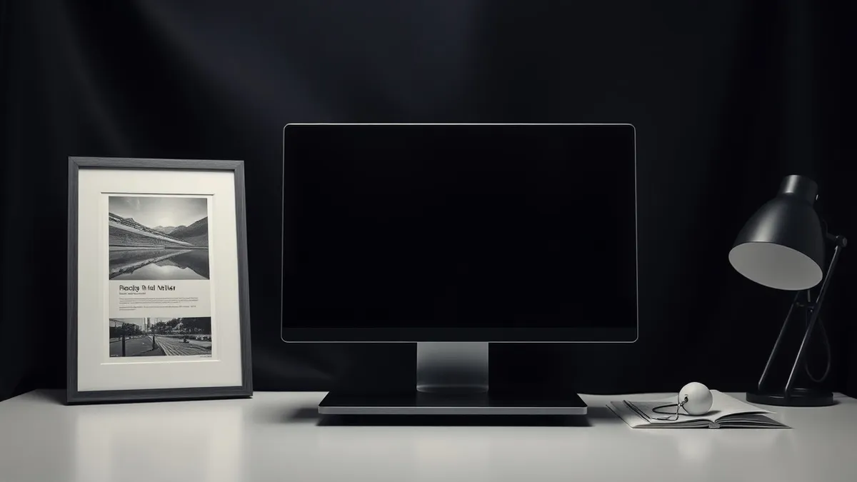 Illustration: A sleek standalone computer sits on a clean desk next to a framed photograph and a printed document.