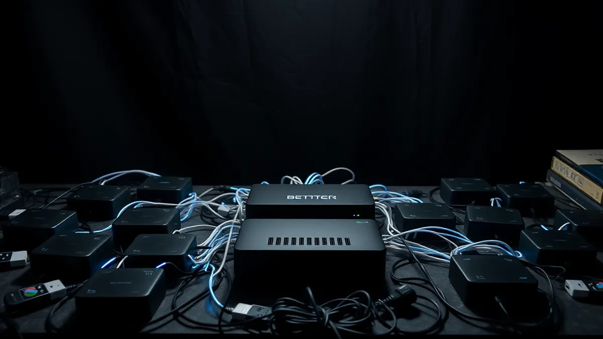 Illustration: Fifteen small black media streamers connect via tangled white cables to a central router on a cluttered desk.