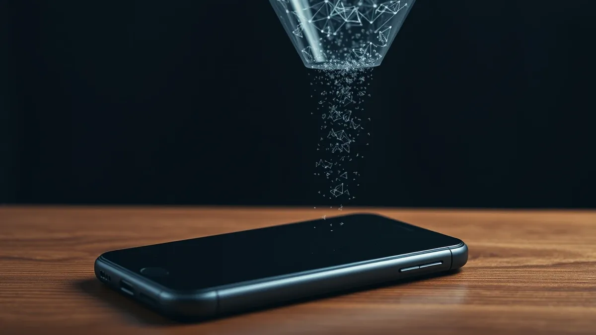 Illustration: A blank smartphone rests on a wooden surface, its screen dark.