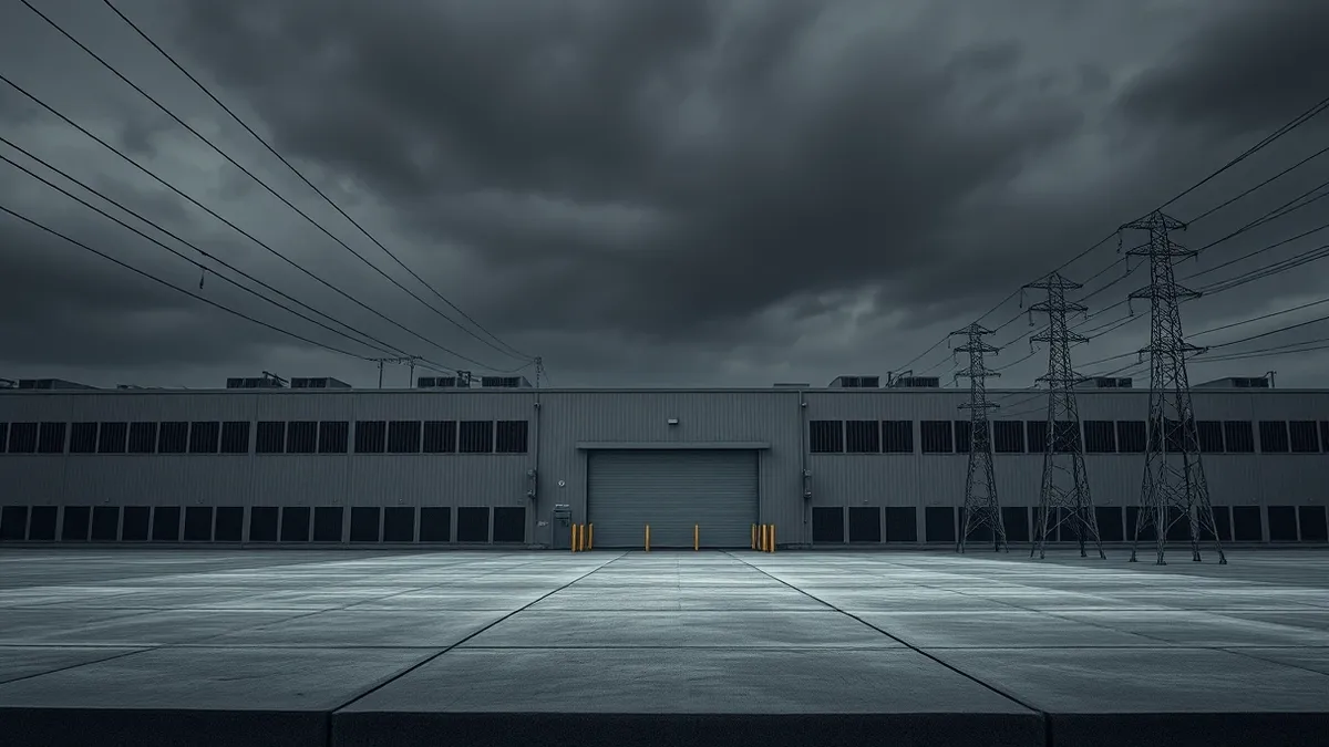 Illustration: A massive industrial building with rows of cooling vents sits under a grey sky.