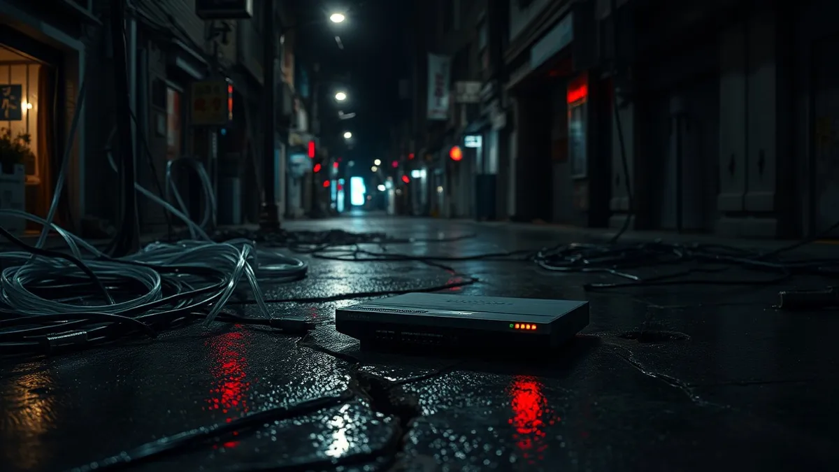 Illustration: A chaotic scene of tangled fiber optic cables spilling from a cracked concrete slab in a Tokyo alley.