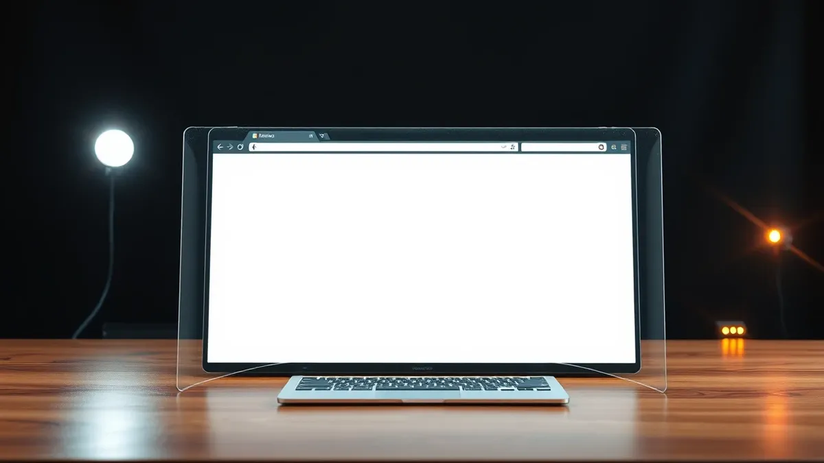 Illustration: A web browser window sits open on a wooden desk, displaying only abstract geometric shapes on a blank canvas.