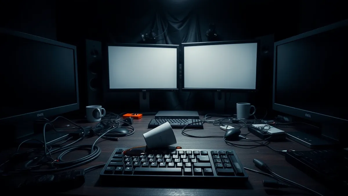 Illustration: A chaotic editing suite features a tangled mess of cables and empty monitor screens.