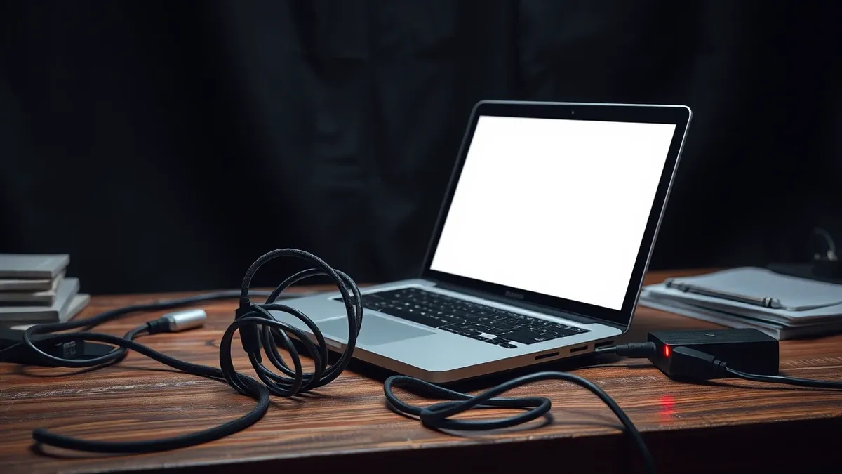 Illustration: A sleek silver laptop sits open on a cluttered wooden desk, its screen displaying a single web browser window with a blank white page.