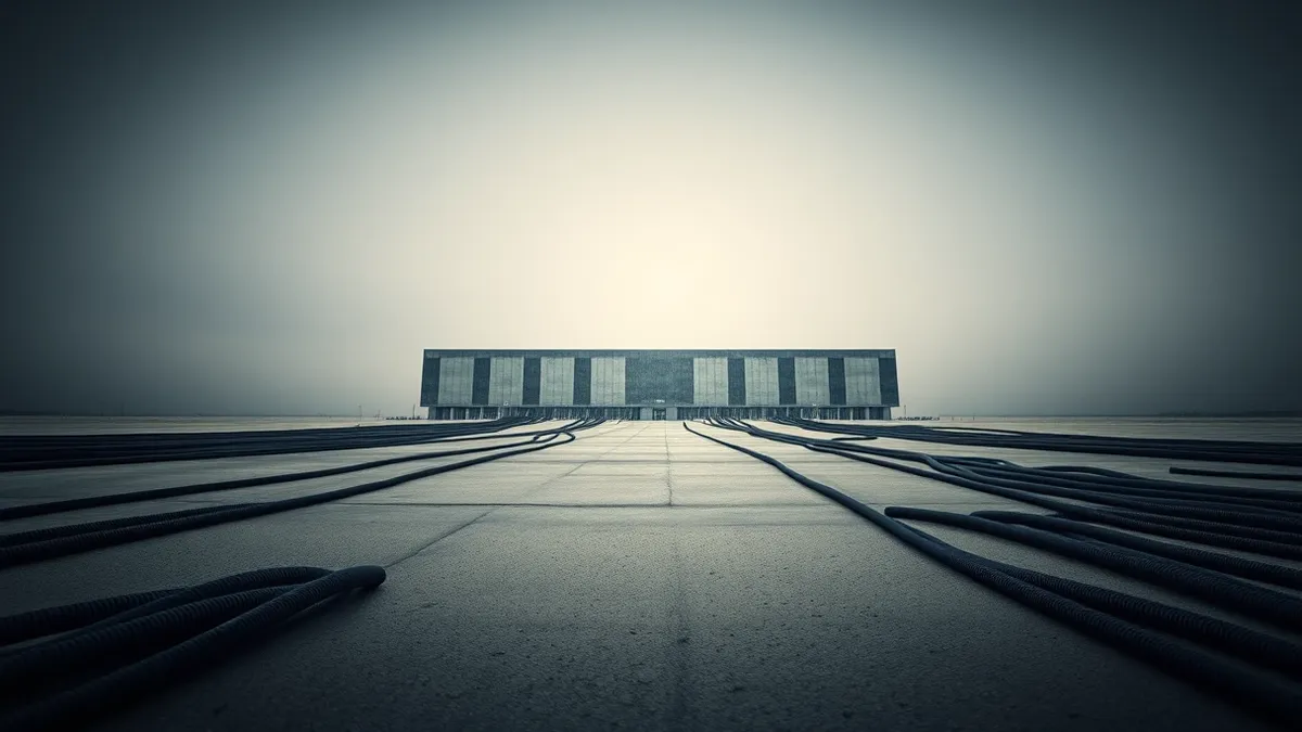 Illustration: A massive concrete data center building stretches across a flat horizon under a pale sky, with thick black power cables snaking from the ground into its foundation.