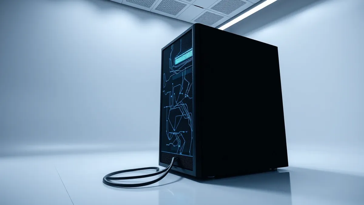 Illustration: A sleek black server tower sits in a sterile white room, its front panel glowing with soft blue abstract light patterns.