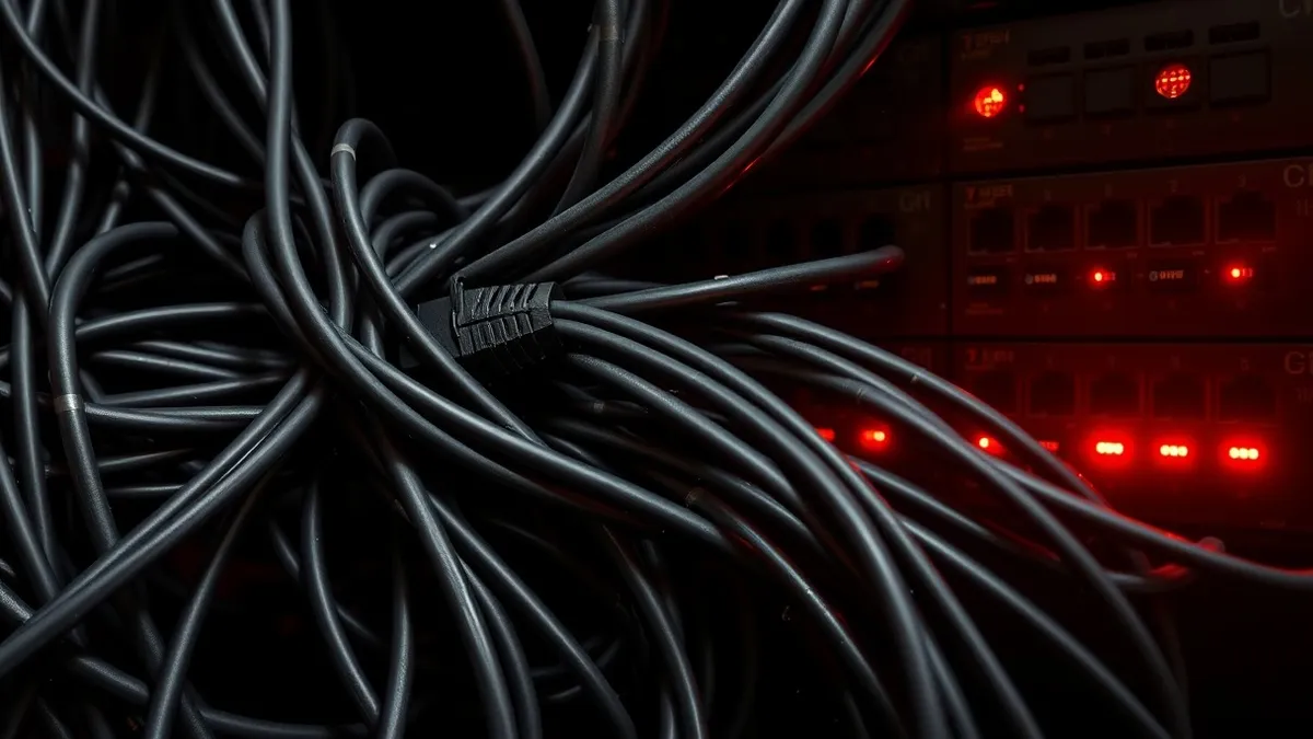 Illustration: A tangled nest of thick black ethernet cables plugs into a dense patch panel, straining under pressure.