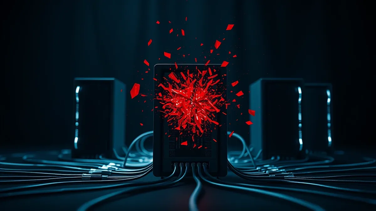 Illustration: A cluster of linked server nodes connects through glowing cables to a central processing unit, where a corrupted data packet dissolves into chaotic red fragments that