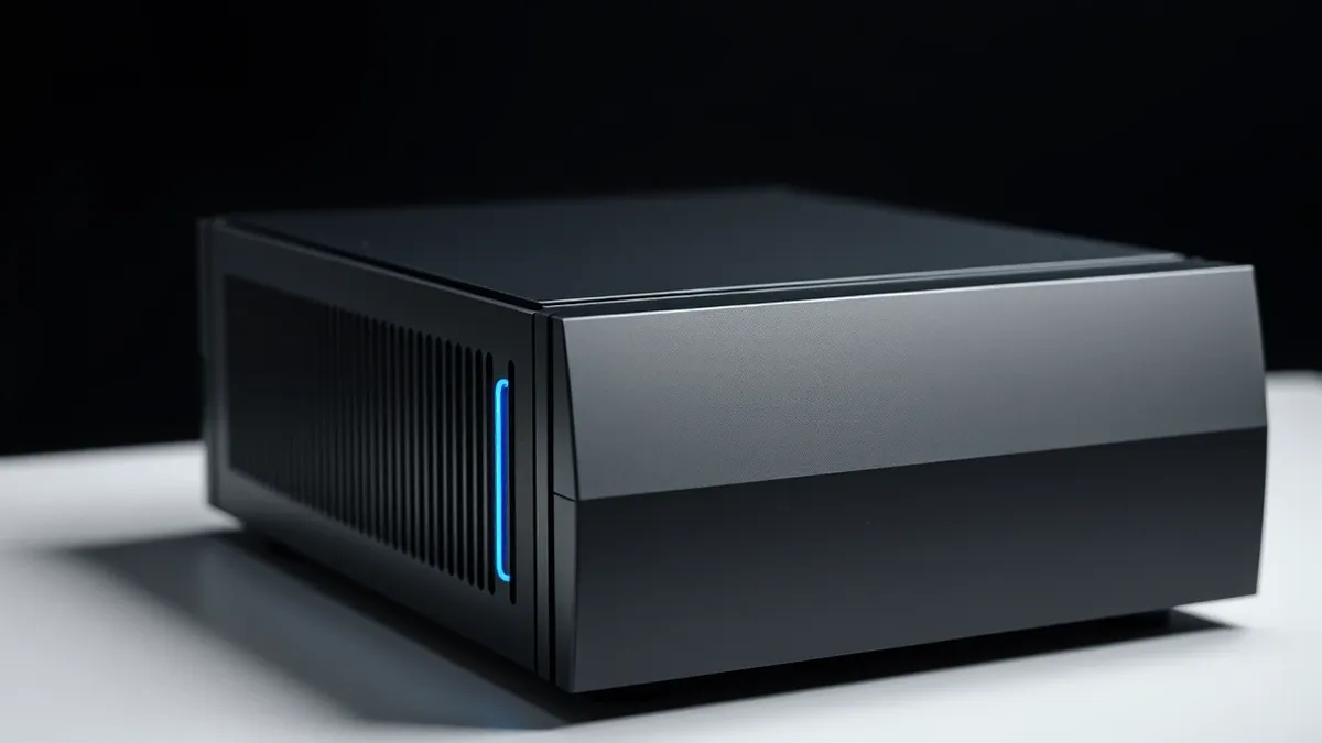 Illustration: A sleek, matte-black hardware enclosure sits on a clean white desk, representing the core infrastructure of an enterprise automation platform.
