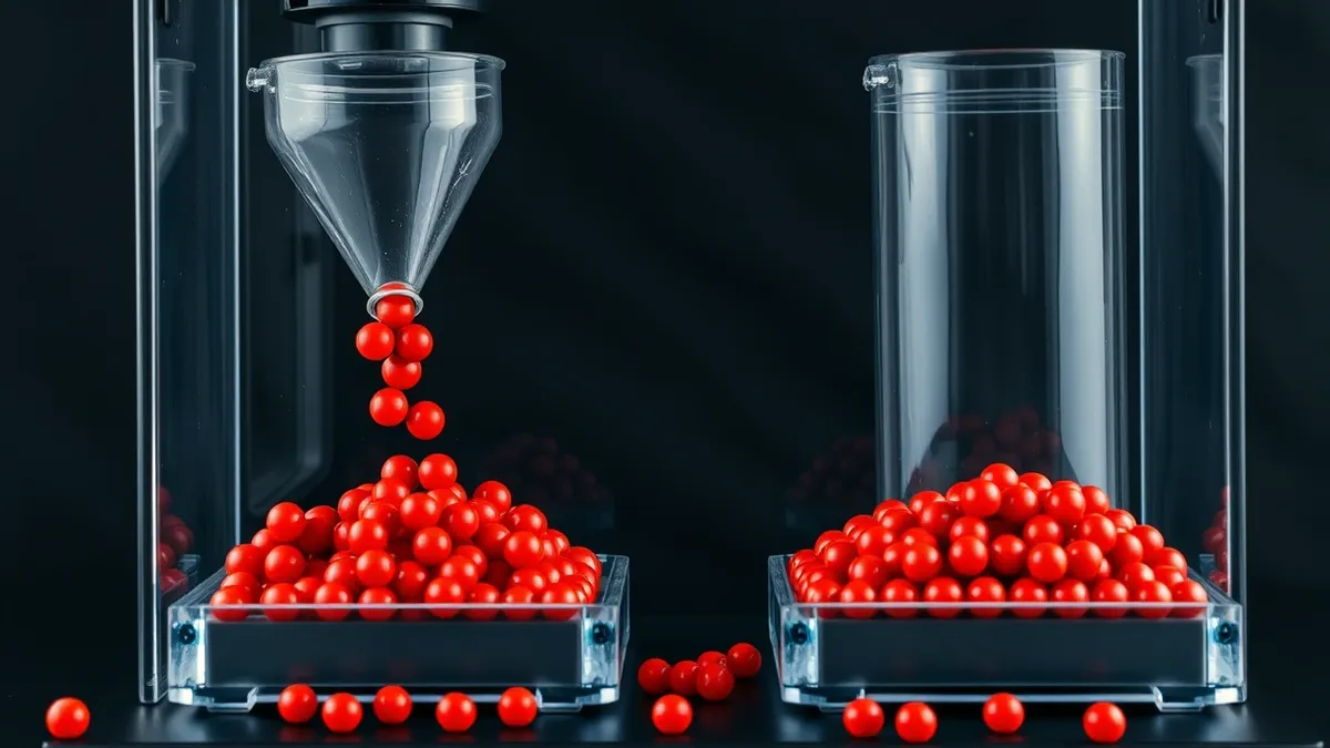 Illustration: A transparent glass funnel pours unevenly mixed colored marbles into a sorting machine.