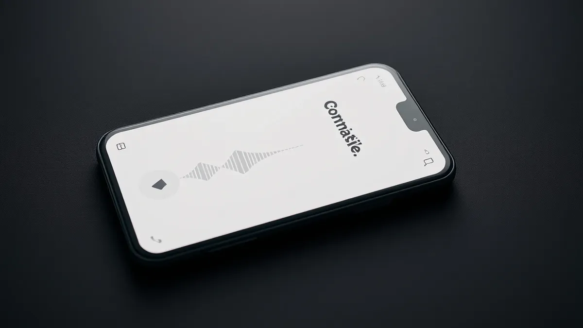 Illustration: A sleek smartphone displays a minimalist music player interface with abstract geometric waveforms and a generic play button.