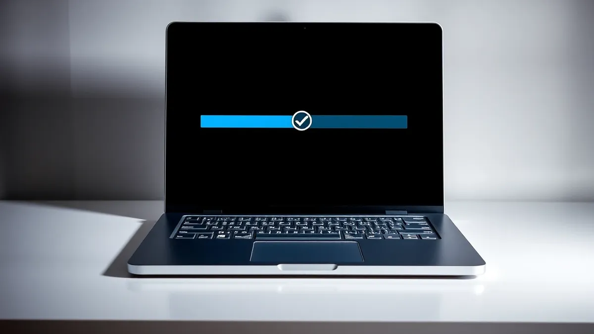Illustration: A sleek silver laptop sits on a clean white desk, its screen displaying a simple blue progress bar moving steadily toward the right side.