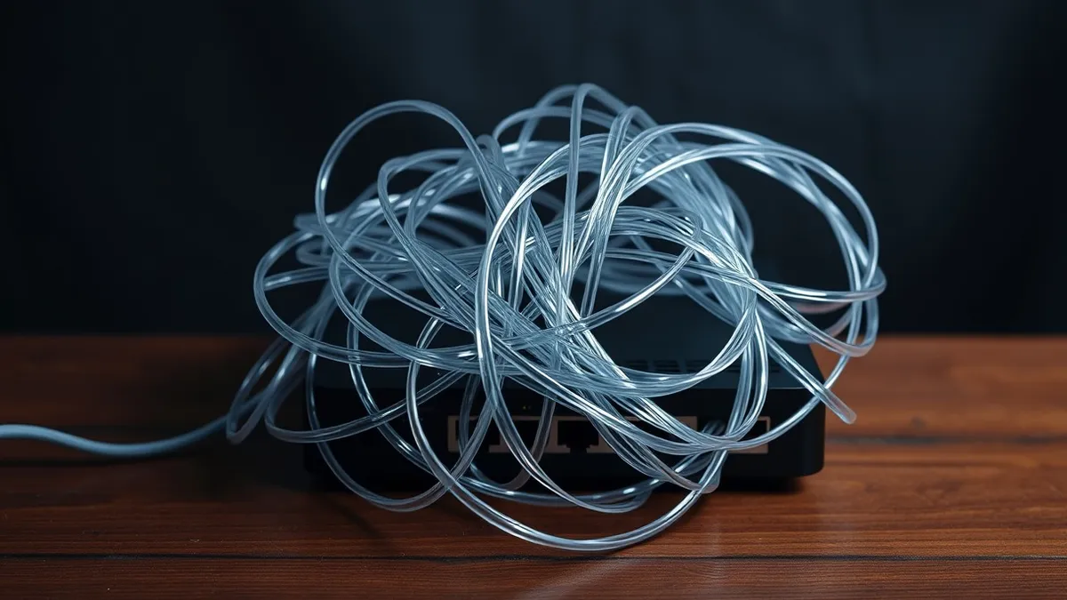 Illustration: A tangled knot of transparent fiber optic cables twists tightly around a sleek, matte black network router sitting on a wooden desk.