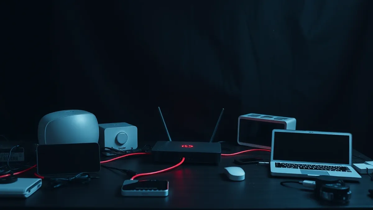Illustration: A network of smart home devices sits on a cluttered desk, linked by faint red lines to a small, isolated router in the corner.