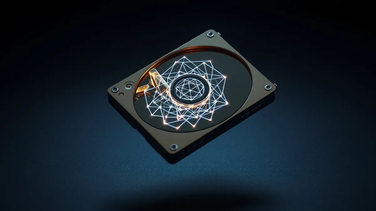 Illustration: A detached hard drive floats in mid-air, its metallic casing partially translucent to reveal glowing, tangled geometric patterns inside.