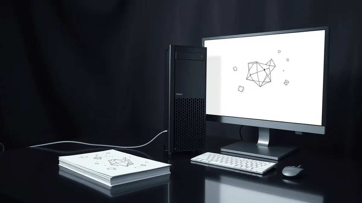 Illustration: A sleek black server tower sits on a polished desk next to a stack of blank white paper covered in faint geometric line drawings.