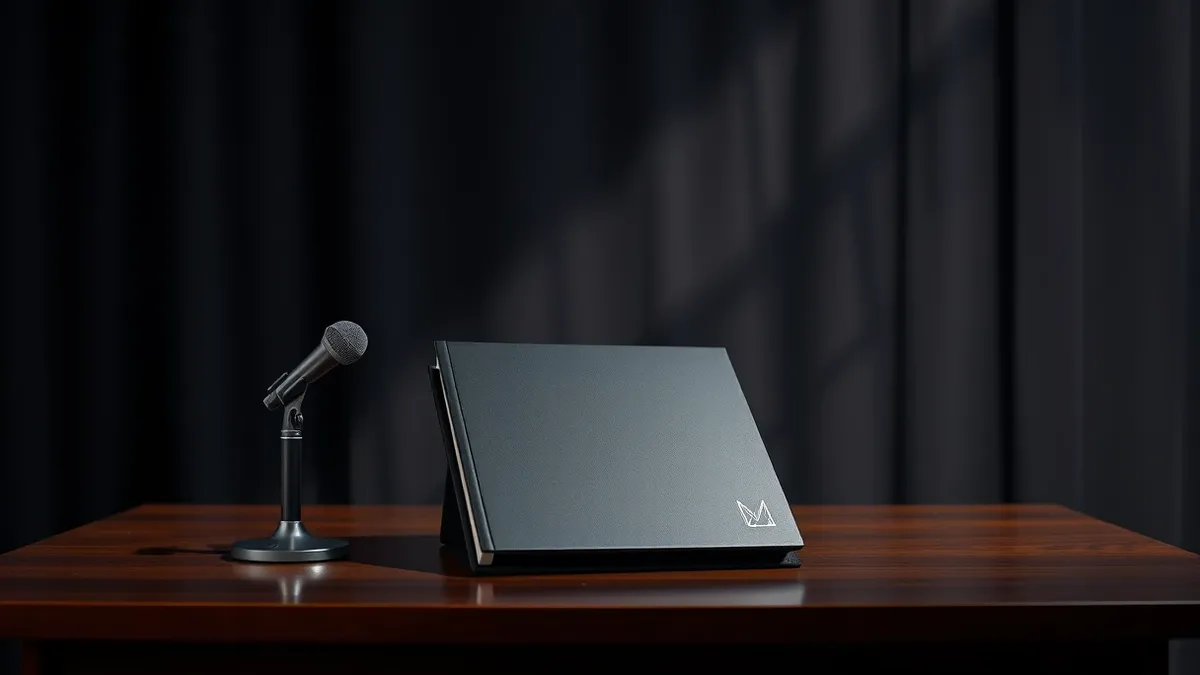 Illustration: A sleek black binder rests on a polished wooden table beside a single microphone.
