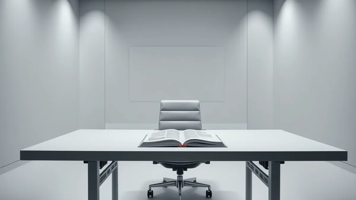 Illustration: An empty office chair sits before a blank desk in a sterile white room.