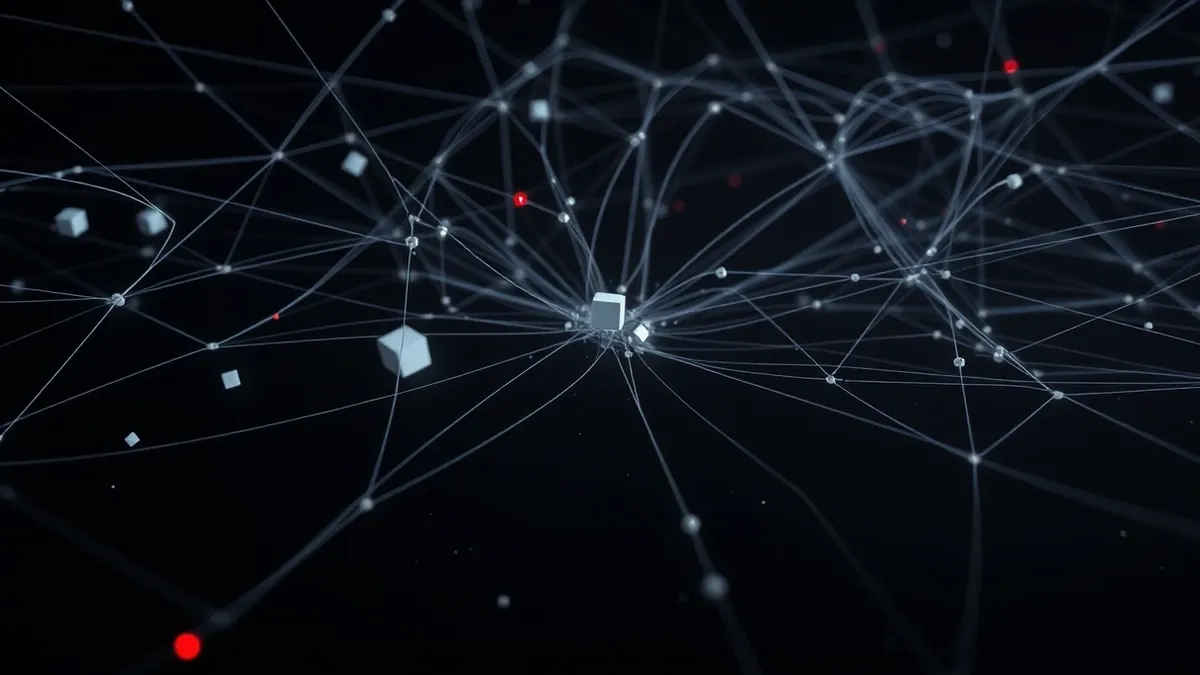 Illustration: A wide, tangled web of thin white threads stretches across a dark void, connecting scattered geometric shapes and floating cubes.