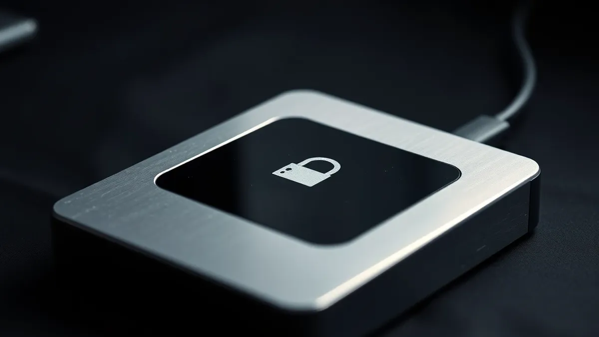 Illustration: A sleek external hard drive sits on a desk, its surface reflecting soft light.