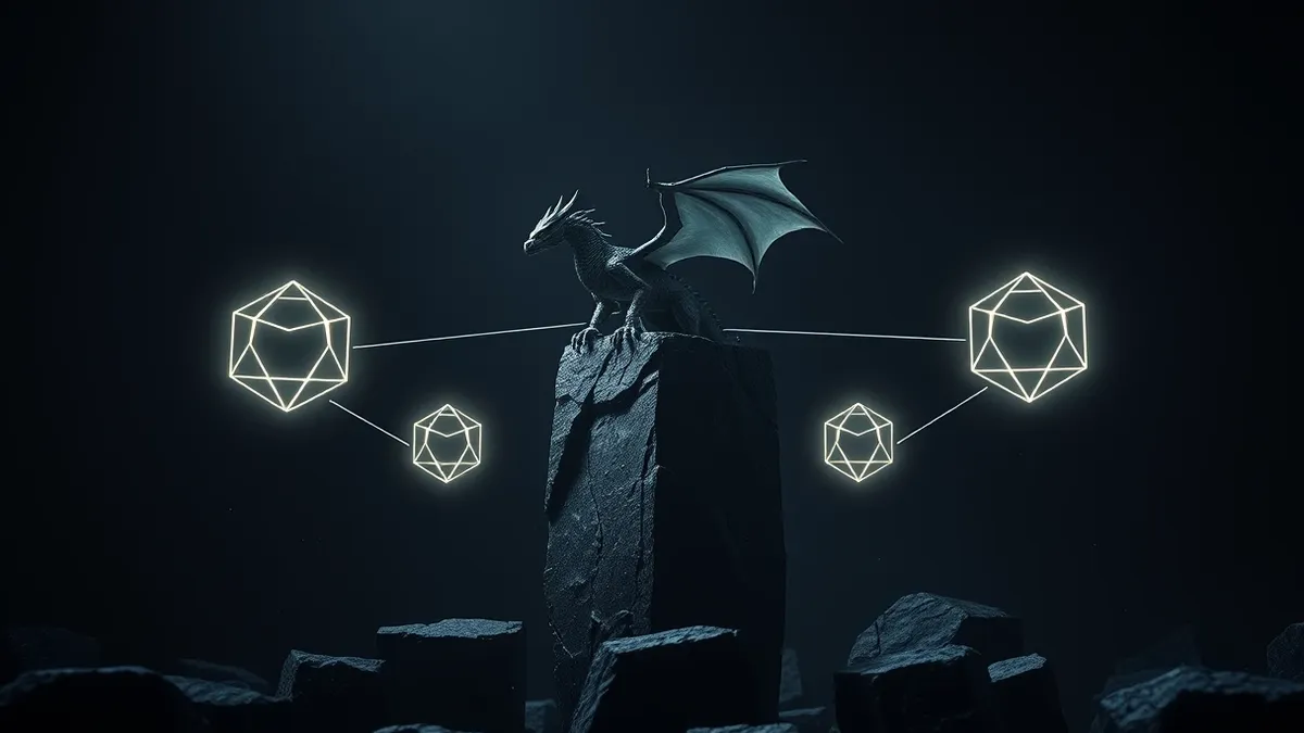 Illustration: A solitary dragon perches atop a floating obsidian pillar in a dim, blocky cave.