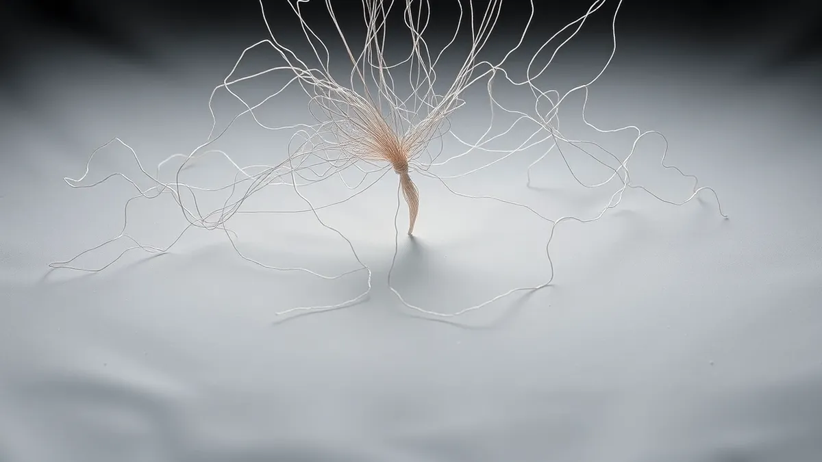 Illustration: A tangled web of loose threads stretches across a smooth, white surface, representing drifting cloud configurations.