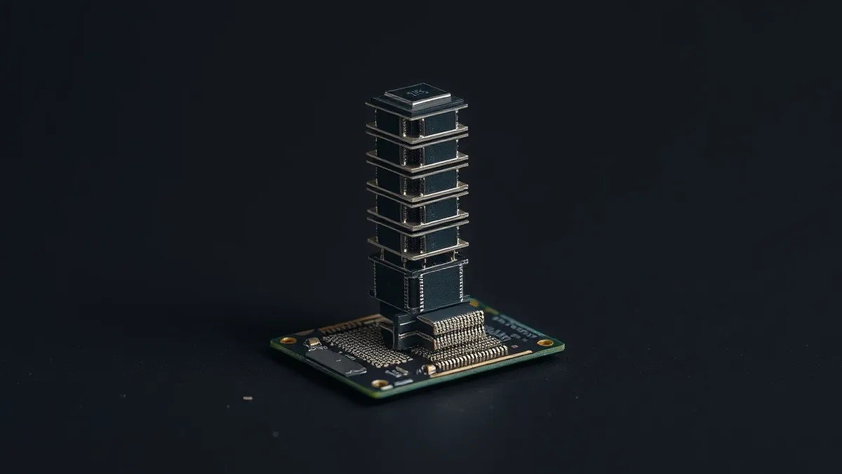 Illustration: A flat circuit board holds several square silicon chips stacked vertically like tiny skyscrapers.