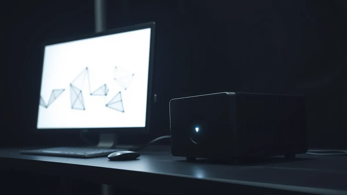 Illustration: A sleek black security appliance sits on a desk, connected by thin cables to a blank monitor displaying abstract geometric shapes.