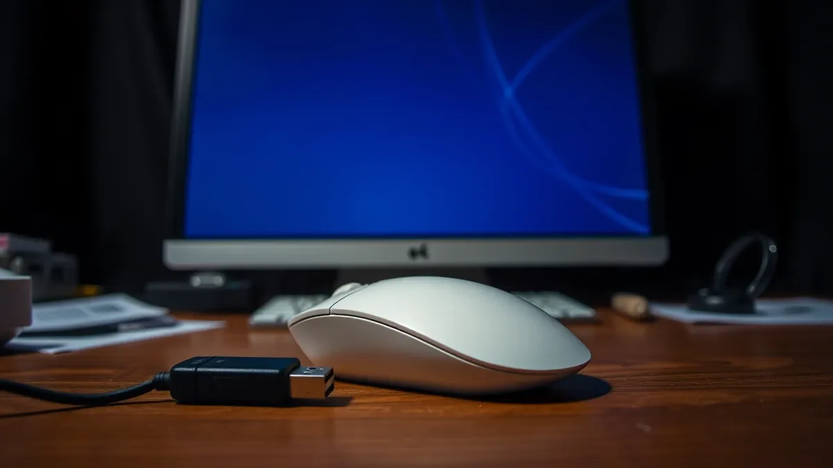 Illustration: A white computer mouse rests beside a black USB drive on a cluttered wooden desk.
