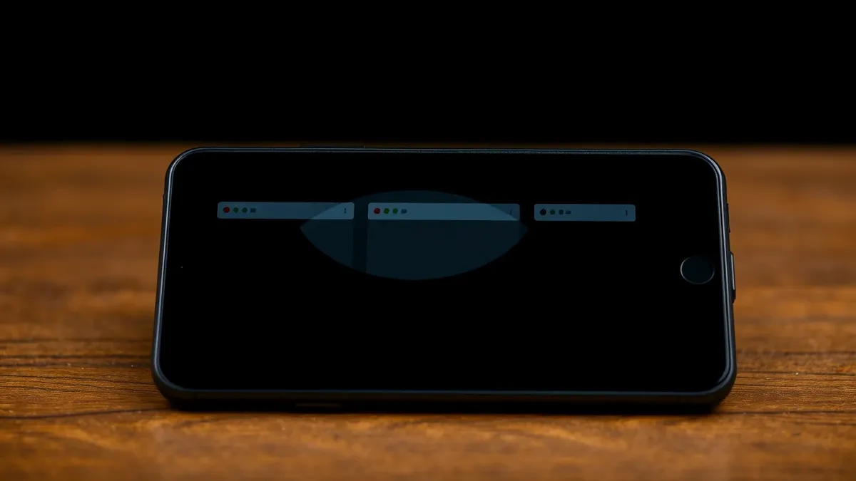 Illustration: A smartphone rests on a wooden table with its screen displaying a single, large, translucent grey eye shape that overlaps three distinct blank browser windows arrange