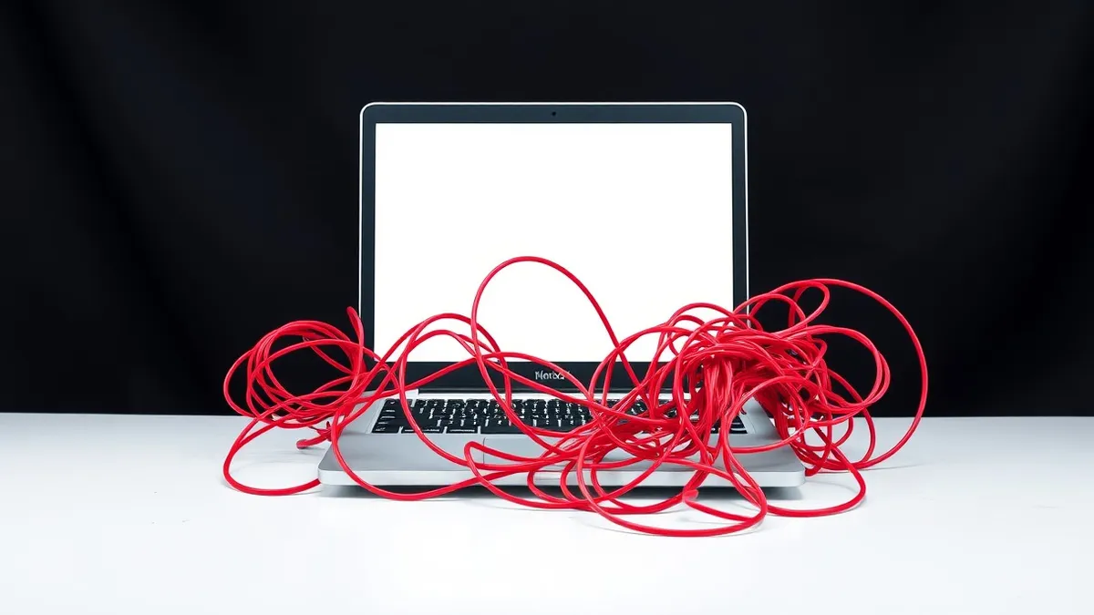 Illustration: An empty corporate office desk holds a single laptop with a blank screen.