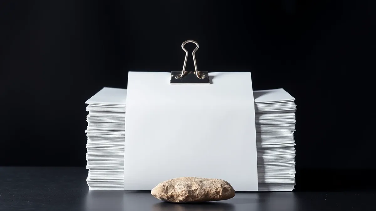 Illustration: A thick stack of blank white paper sits heavy on a metal desk, weighted down by a small, smooth stone.