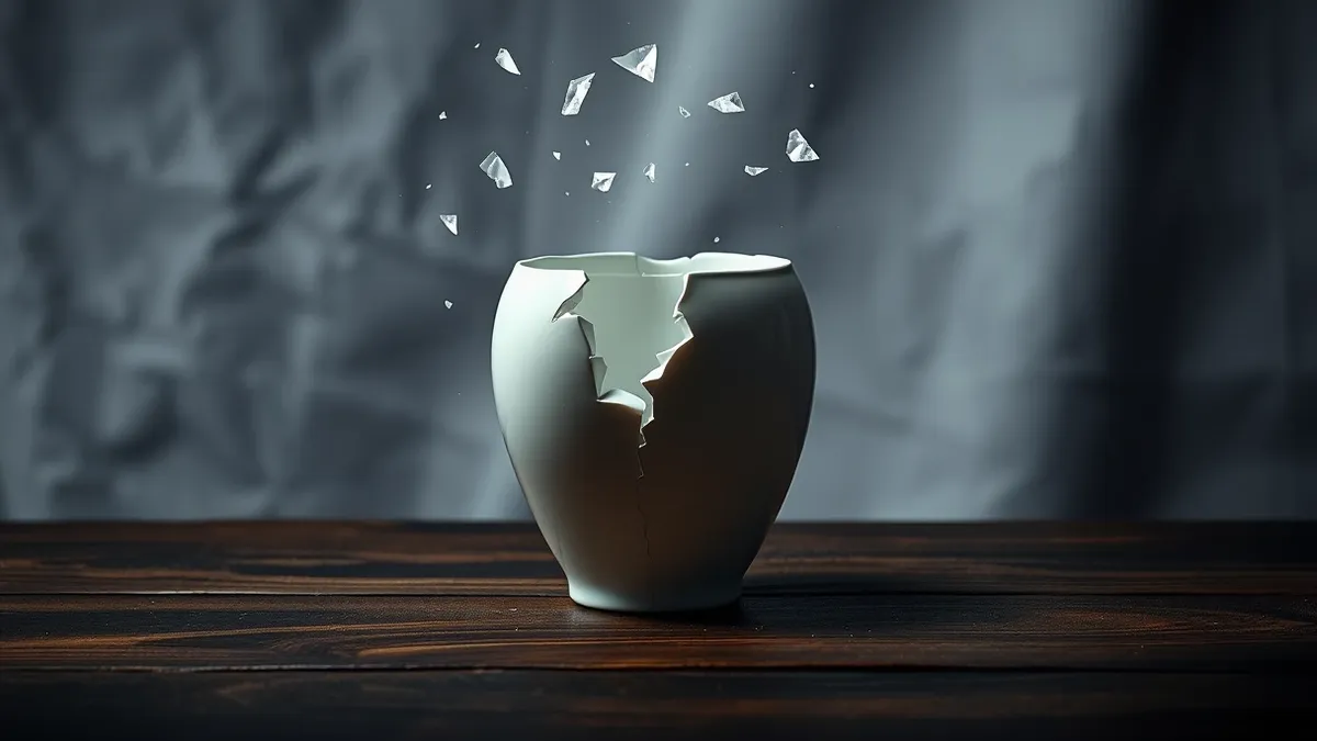 Illustration: A cracked porcelain vase sits on a wooden table, frozen mid-shatter with jagged shards hovering in the air.