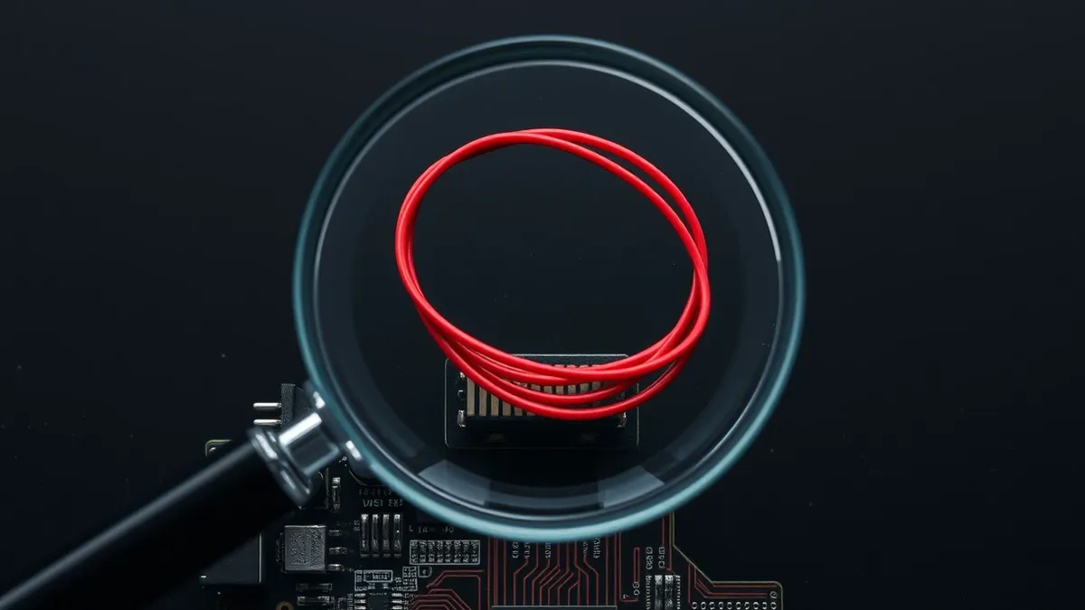 Illustration: A magnifying glass hovers over a tangled knot of thin red wires on a dark circuit board.