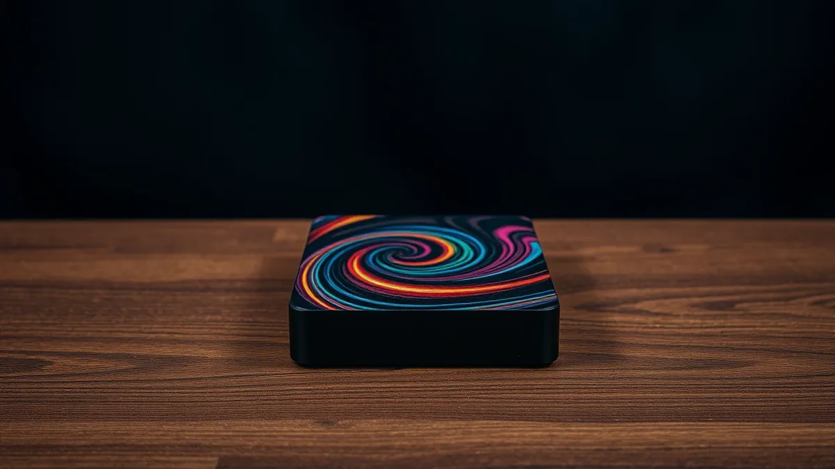 Illustration: A sleek external hard drive sits on a wooden desk, its surface covered in swirling, colorful abstract patterns that resemble digital noise.