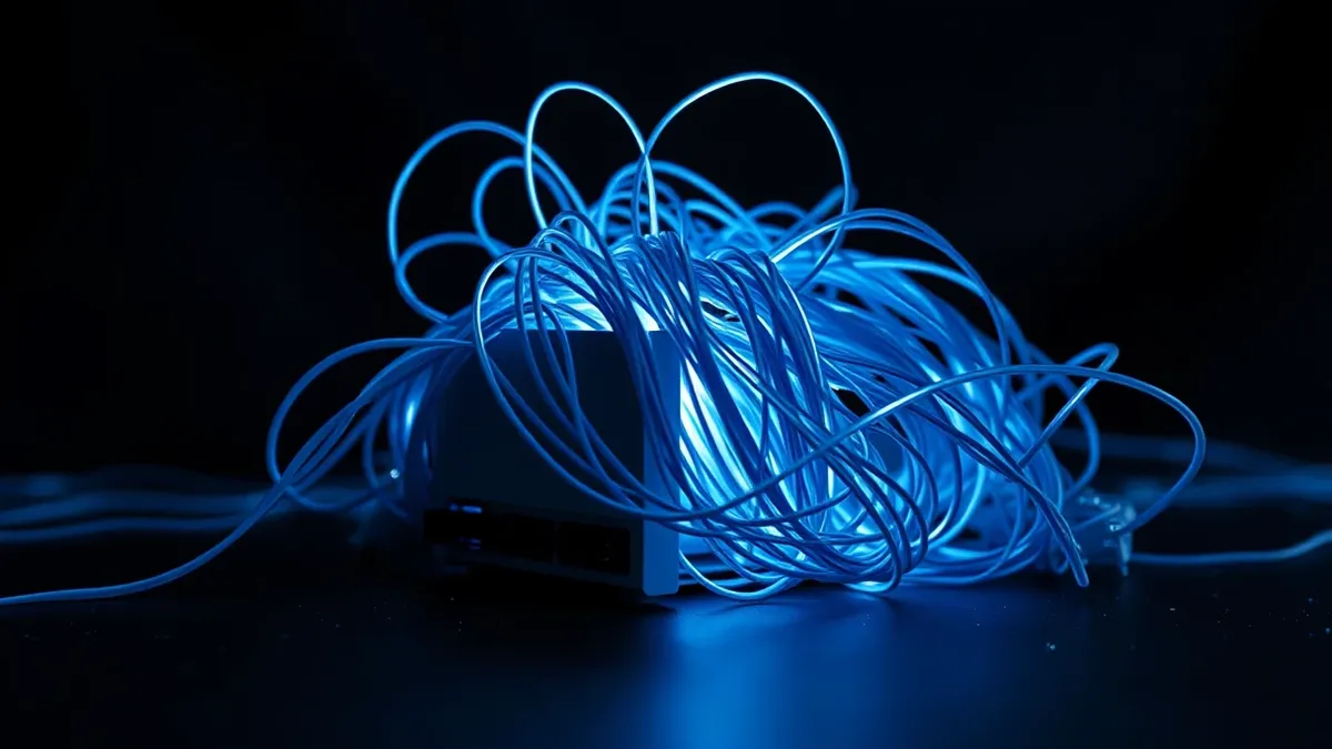 Illustration: A tangled knot of glowing blue threads tightens around a sleek, metallic server blade.