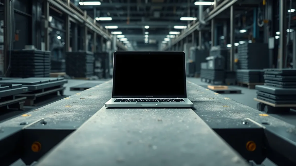 Illustration: A single silver laptop rests motionless on a dusty assembly line conveyor belt.