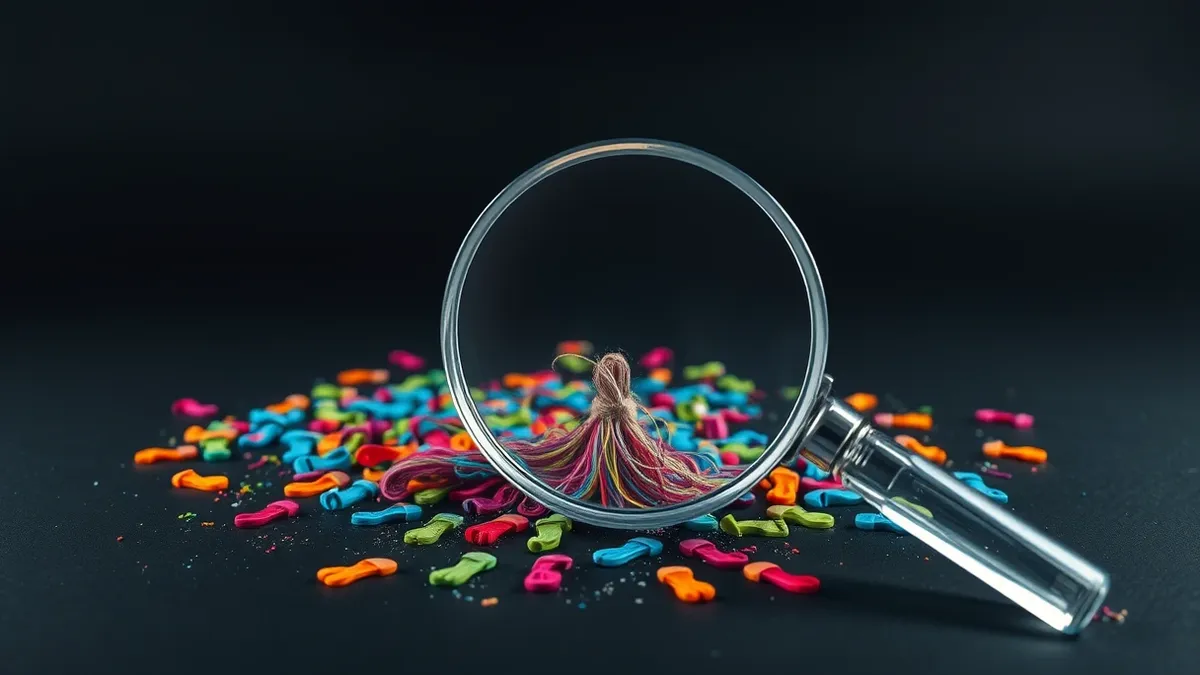 Illustration: A clear glass magnifying glass hovers above a scattered pile of colorful digital footprints.