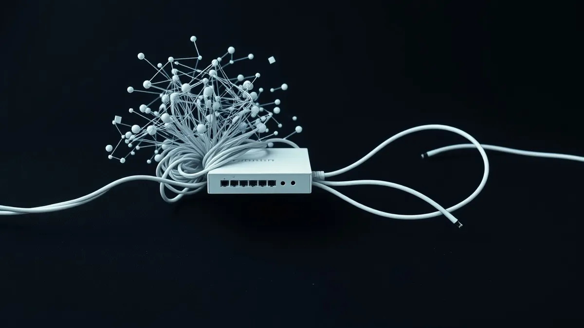 Illustration: A tangled knot of white wires connects a small router to a chaotic cloud of floating geometric shapes.