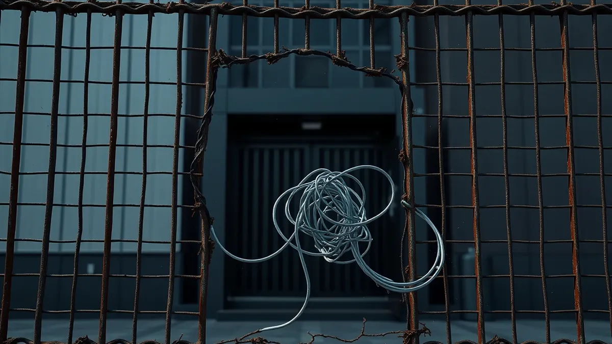 Illustration: A sleek office building stands behind a rusted, broken fence.