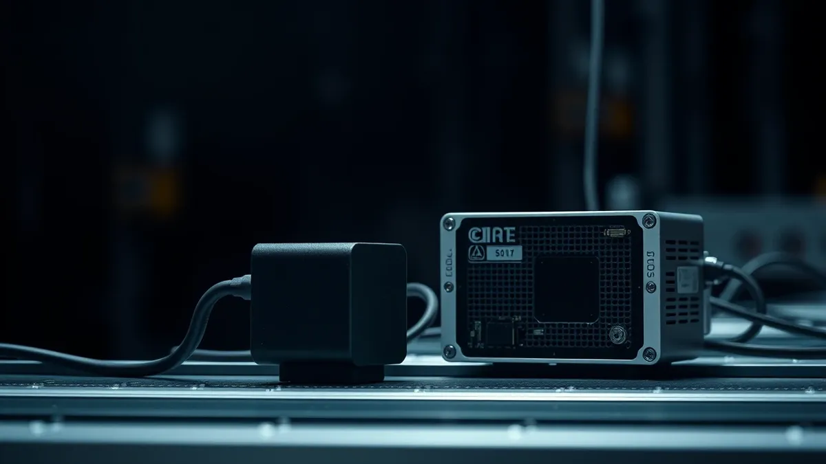 Illustration: A sleek industrial sensor sits on a factory assembly line next to a compact edge computing module.